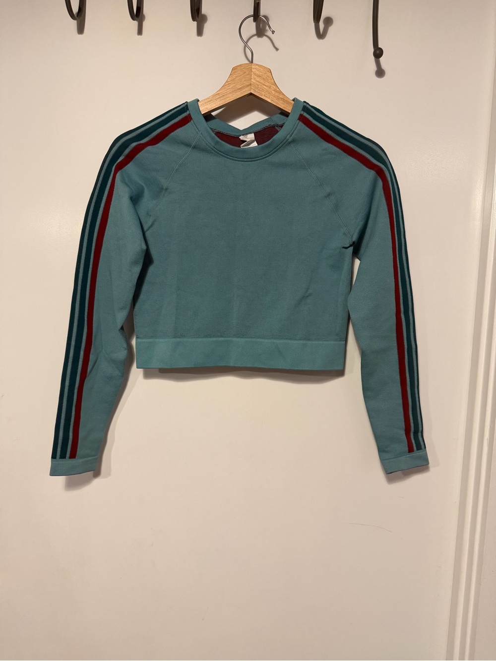 Fabletics Teal Cropped Crewneck with Navy and Burgundy Stripes
